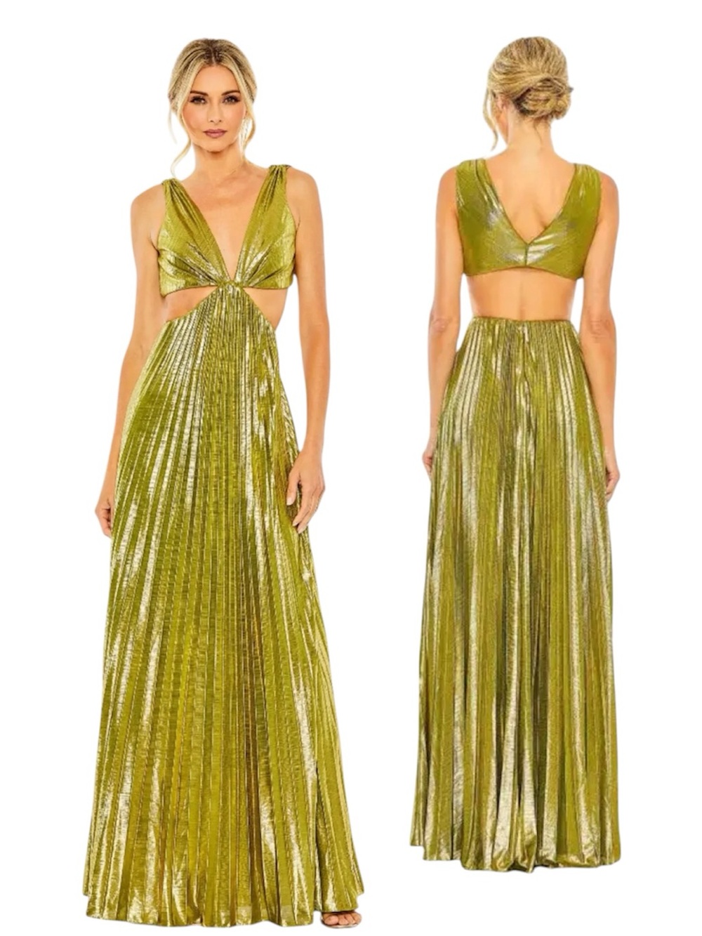 Ieena for MacDuggal Chartreuse Pleated Metallic Cutout Gown Size Medium